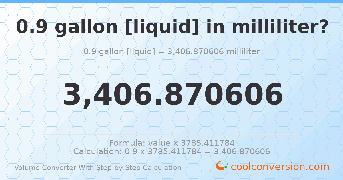 0.9 gallons [liquid] = 3406.87 milliliters